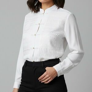 Vintage Pronti Mandarin Collar Long Sleeve Blouse with Rhinestones at Buttons